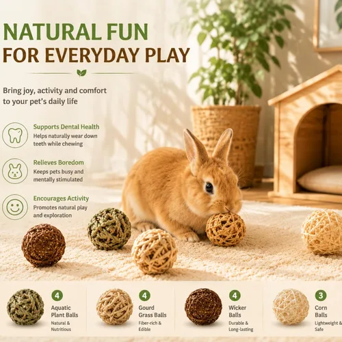 Miniatura 3 de Skylety 15 bolas masticables de conejo para conejos, juguetes de hierba rodante de animales pequeños y golosinas para conejillos de indias