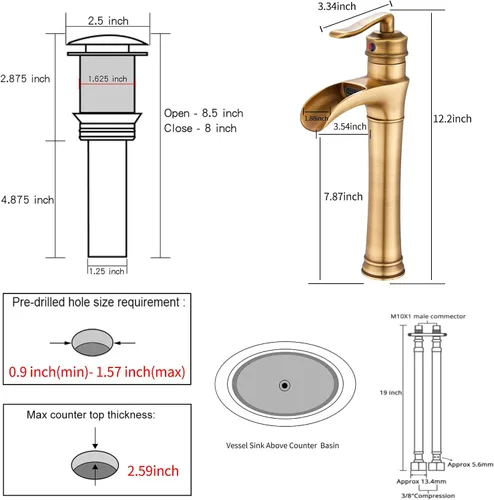 Miniatura 2 de Grifo de baño de cascada de latón antiguo GGStudy con una sola manija de un agujero, grifo de lavabo de baño a juego con drenaje desplegable