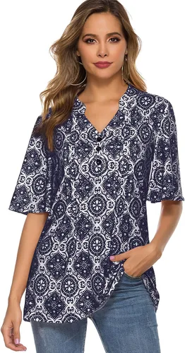 Miniatura 2 de HOCOSIT - Camiseta de manga corta con olanes y cuello en V con estampado de flores, plisada y abotonada, para mujer
