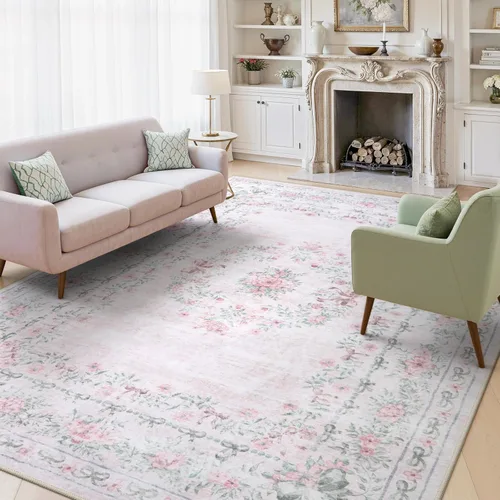 Miniatura 11 de Wonnitar Alfombras rosas para dormitorio, niñas, guardería, alfombra lavable con estampado floral de 5 x 7 pies, bohemio, ultrafina, antideslizante