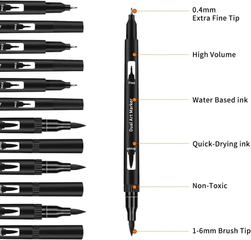 Miniatura 3 de Bolígrafos de dibujo negros, paquete de 12 marcadores de punta de fieltro para adultos y niños, punta doble, punta fina, bolígrafos para dibujo