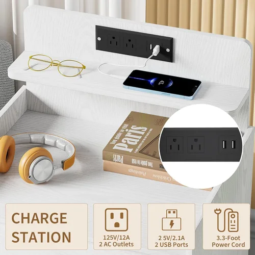 Miniatura 4 de Rreyet - Mesita de noche con estación de carga, 3 cajones con puertos USB y estante de almacenamiento abierto, moderna mesita de noche para Blanco