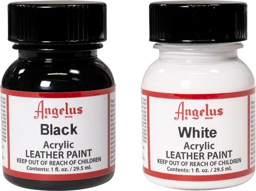Angelus Pintura acrílica para cuero, color blanco y negro, 1 onza cada uno, duradera, impermeable, pintura flexible para zapatos, tenis, cuero,