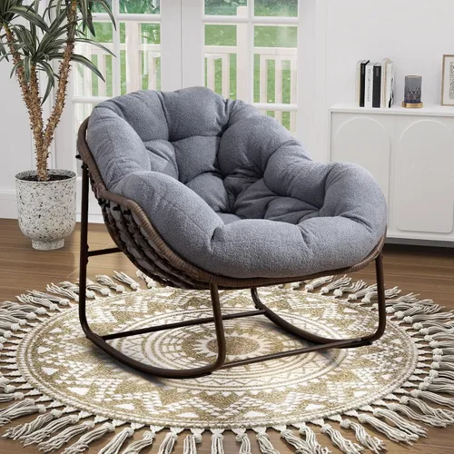 Miniatura 22 de Mecedora de gran tamaño para interiores, cómoda silla mecedora de pana con cojín grueso y marco, silla mecedora grande de mimbre para sala de estar