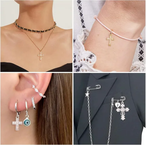 Miniatura 3 de 20 dijes de cruz con diamantes de imitación de cristal y crucifijo colgantes, colgantes de rosario de plata dorada para Pascua, joyería, pulsera