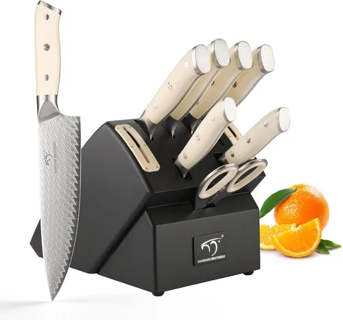 NANFANG BROTHERS Juego de Cuchillos de 10 Piezas para Cocina con Bloque, Juego de Cuchillos de Cocina de Damasco con Bloque, Mango Ergonómico ABS