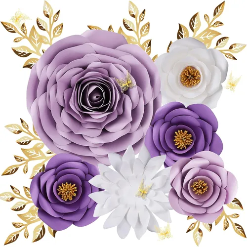 Miniatura 10 de Grandes decoraciones de flores de papel para pared, decoración de pared de flores artificiales 3D con pegatina de mariposa dorada para habitación
