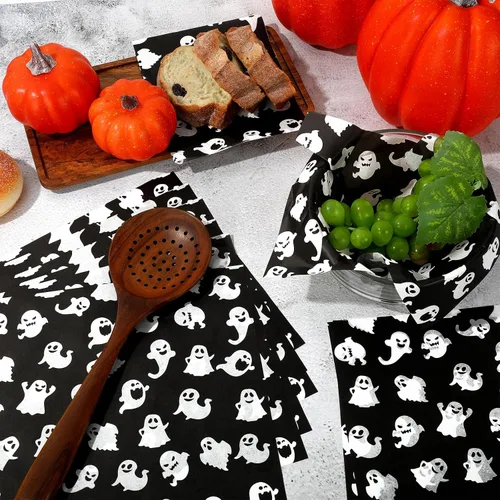 Miniatura 3 de 150 piezas de papel encerado de Halloween lindo fantasma delicatessen, papel de sándwich blanco y negro, impermeable, a prueba de aceite, forro