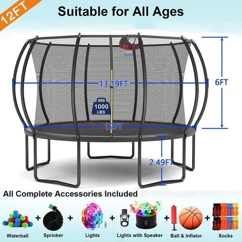 Miniatura 9 de Trampolín de 1500 libras, 8 pies, 12 pies, 14 pies, 16 pies, para niños y adultos, trampolín al aire libre con red de cierre, rociador, bola