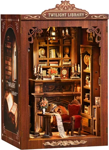 Miniatura 8 de Kit de rincón de libros de biblioteca antigua, rompecabezas 3D de madera con luz LED, modelo de estantería en miniatura, decoración cultural
