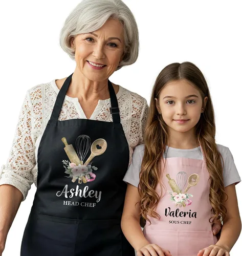 Delantal Familiar Personalizado a juego con Nombres para Navidad, Regalo para Abuela, Delantales "Mamá y Yo" con Bolsillos, Delantales de Cocina