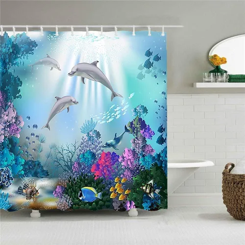 Miniatura 20 de Yeele Cortina de ducha con diseño de delfín, diseño de animales submarinos, tropical, con temática de vida silvestre, océano, azul, para baño