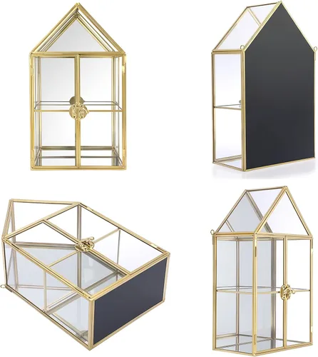Miniatura 3 de ELLDOO Caja de almacenamiento de cristal transparente de 2 niveles, estuche organizador de maquillaje de joyería con espejo dorado, caja de torre