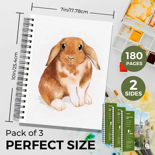 Miniatura 2 de Funto - Bloc para acuarela 10x7, paquete de 3, 90 hojas, 140 libras/300 g/m², doble cara, presión en frío, encuadernado en espiral, papel pesado