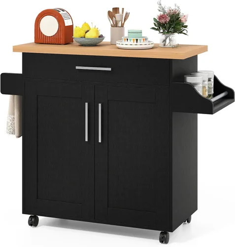 Giantex Isla de cocina, carrito de cocina rodante con estante para especias y toallero, cajón grande y armario de almacenamiento de 2 puertas,