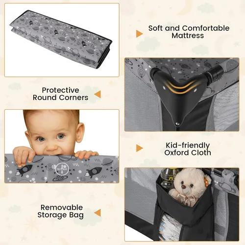 Miniatura 5 de BABY JOY 3 en 1 Pack and Play, Corralito Portátil para Bebé con Moisés, Mesa Cambiadora, Ruedas Bloqueables, Caja de Música Luminosa, Cuna Moisés