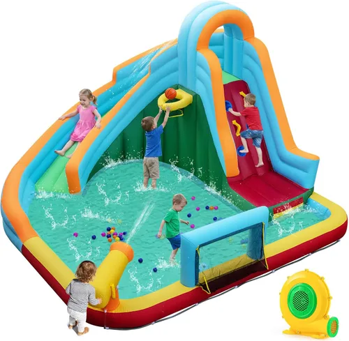 Miniatura 13 de HONEY JOY - Tobogán acuático inflable, parque acuático inflable 6 en 1 con muro para escalar y 2 toboganes largos, piscina, castillo inflable