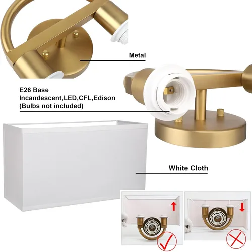 Miniatura 6 de Yosoan Aplique de pared de latón envejecido bohemio de tela blanca, lámpara de pared dorada con 2 luces para interiores, cableado doble, montaje