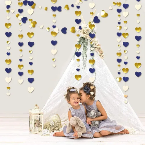 Miniatura 7 de 52 pies Guirnalda de corazón de amor dorado azul marino para decoración de fiesta del día de San Valentín Bandera de serpentina colgante azul real