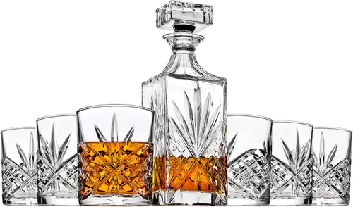Godinger Juego de decantador de whisky y barra de 6 vasos de whisky, para licor escocés y vino bourbon - Colección Dublin Crystal
