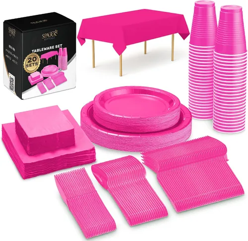 Miniatura 10 de Juego de suministros negros para fiestas, platos de papel, vasos de plástico, tenedores, cuchillos, cucharas, servilletas, mantel para 20 invitados