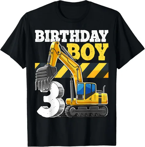 Camiseta de cumpleaños para niño de tercer cumpleaños con excavadora y vehículo de construcción, Negro -