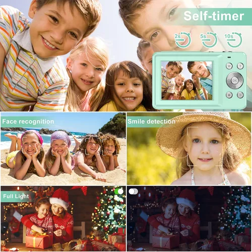 Miniatura 5 de Cámara digital FHD 1080P para niños, tarjeta SD de 32 GB, zoom 16X, punto y disparo compacto, portátil (verde)
