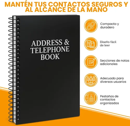 Miniatura 3 de Libreta de direcciones y teléfonos Iconikal, 8x5 pulgadas, negra, con espiral, 384 contactos, organizador para organizar nombres, direcciones