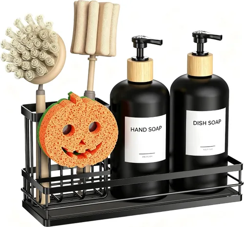 Miniatura 9 de Moforoco Juego de dispensador de jabón para platos de cocina, botella de vidrio de 16 onzas, dispensador de jabón para manos y platos, bandeja