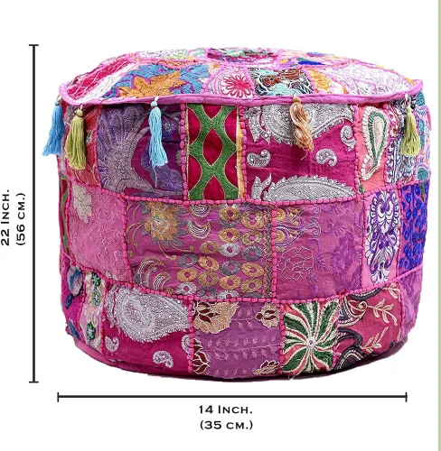 Miniatura 3 de Puf indio, reposapiés, funda de puf bordada étnica – otomano redondo de algodón – rosa, 22 x 14 pulgadas Rosado