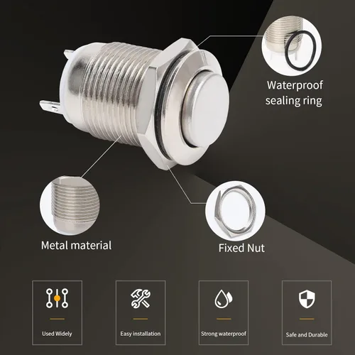 Miniatura 5 de STARELO 6 interruptores de botón momentáneos de 0.472 pulgadas, carcasa plateada, interruptor de botón impermeable IP65, acero inoxidable 1