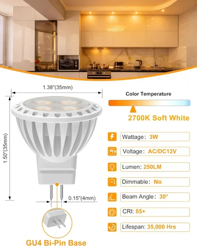 Miniatura 2 de Paquete de 6 bombillas LED MR11 de 3 W, blanco cálido 2700 K, base de dos pines GU4, foco de bajo voltaje de 12 V, no regulable, reemplazo halógeno