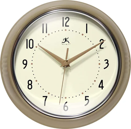 Infinity Instruments LTD. Reloj de pared retro de 9 pulgadas, silencioso, con movimiento de barrido, sin tictac, estilo moderno de mediados de Latte