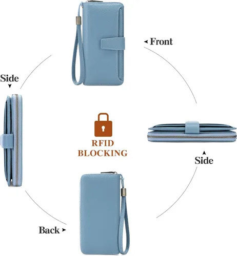 Miniatura 6 de GOIACII Cartera para mujer, de gran capacidad, con bloqueo RFID, para teléfono, tarjetero de embrague, cartera larga de viaje, color azul