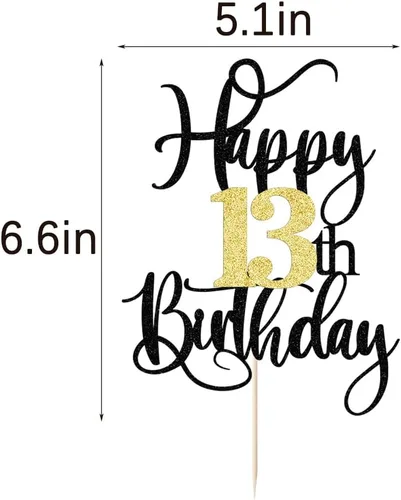 Miniatura 3 de Decoración para pastel de cumpleaños número 13 con destellos negros y dorados para tartas de 13 años, decoración para pastel de 13 años, decoración