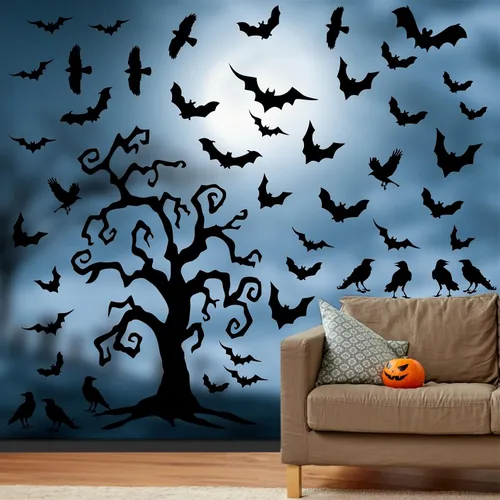 Miniatura 11 de Calcomanías de Halloween para ventana, calcomanías de brujas negras, calcomanías de pared de Halloween, murciélagos de árbol negro, murales de arte
