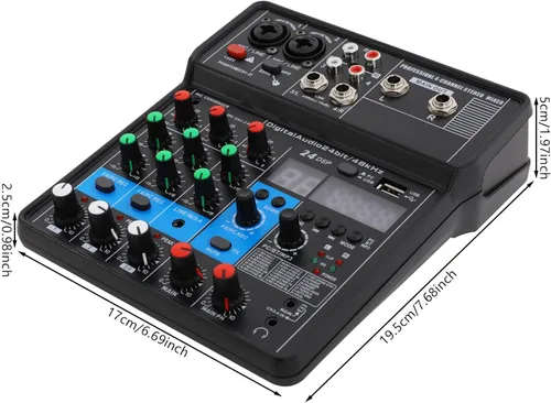 Miniatura 5 de Mezclador de audio Bluetooth Live Studio de 4 canales, pantalla LED, consola de mezcla USB profesional con ecualizador de 3 bandas, consola