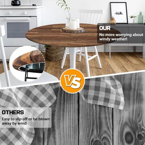 Miniatura 5 de Mantel redondo de granja ajustable con borde elástico, mantel de madera marrón para exteriores, funda impermeable para mesa, decoración para picnic