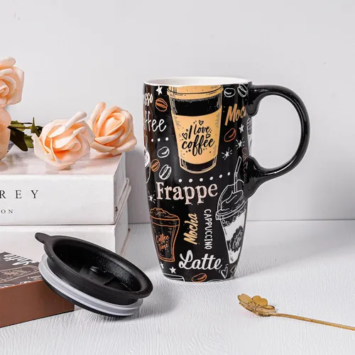 Miniatura 9 de Topadorn Taza de Café de Cerámica Taza de Viaje Regalo con Tapa 17oz, Taza de Té Alta de Porcelana con Asa para el Hogar y la Oficina, Taza