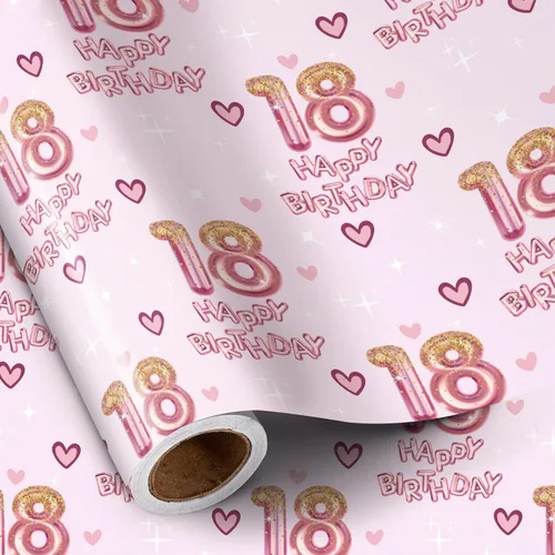 Miniatura 13 de RUSPEPA Papel de regalo de cumpleaños número 15 para niña, corazones y globos rosas del número 15, diseño de feliz cumpleaños, 15 años, mini rollo
