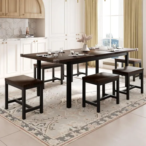 Miniatura 11 de Feonase Juego de mesa de comedor de 5 piezas para 4-8 personas, juego de mesa de cocina grande extensible de 63 pulgadas con 2 bancos y 2 taburetes