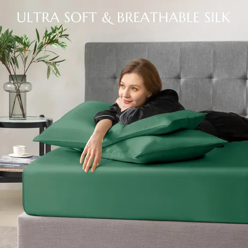 Miniatura 40 de THXSILK Juego de sábanas bajeras de 100% seda de morera, 3 piezas de seda 7A+, transpirable, suave, sábana bajera de 16 pulgadas de profundidad, 2