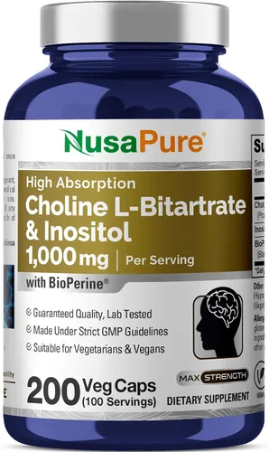 NusaPure Colina e inositol - Apto para vegetarianos/veganos, sin OMG - 1000 mg - 200 cápsulas vegetales
