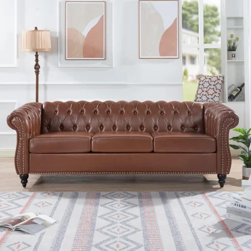 Miniatura 13 de Sofá Chesterfield moderno de 83.5 pulgadas, sofá de 3 plazas con brazo enrollado, tapizado de cabeza de clavo, sofás de piel sintética para sala