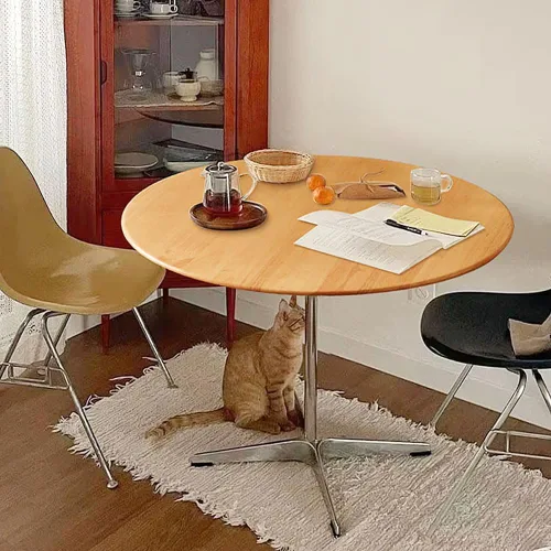 Miniatura 5 de Mesa de comedor redonda moderna de madera maciza con base de metal cruzada, mesa pequeña de madera marrón para oficina, mesa de centro pequeña