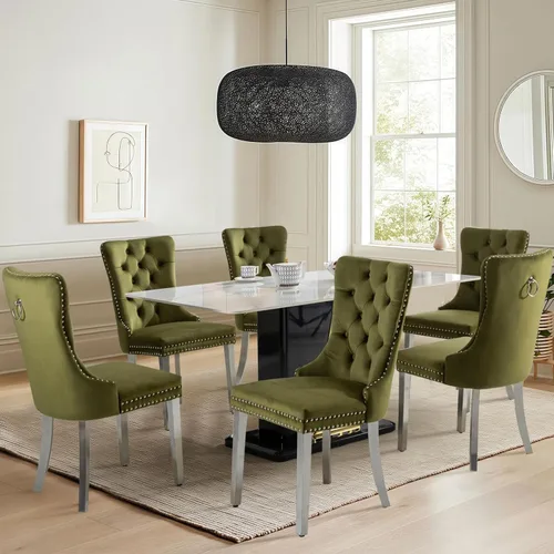 Miniatura 33 de Juego de 2 sillas de comedor tapizadas de tela de lino, sillas de cocina modernas de mediados de siglo con respaldo alto, ribete de cabeza de clavo