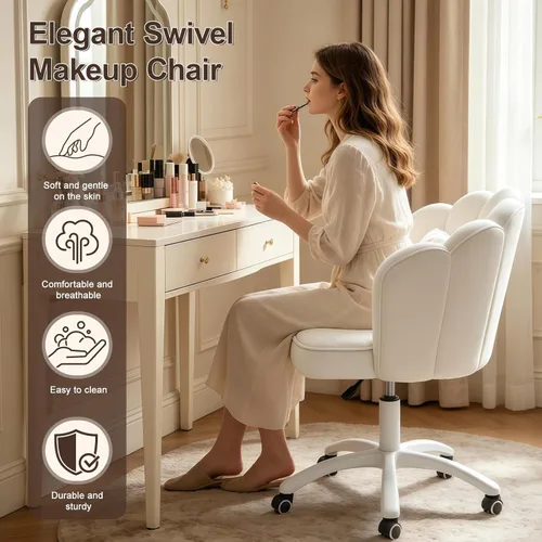 Miniatura 3 de Silla de escritorio Petal con cojín de lazo, silla de terciopelo con ruedas para tocador, silla tapizada para oficina en casa para niñas y mujeres