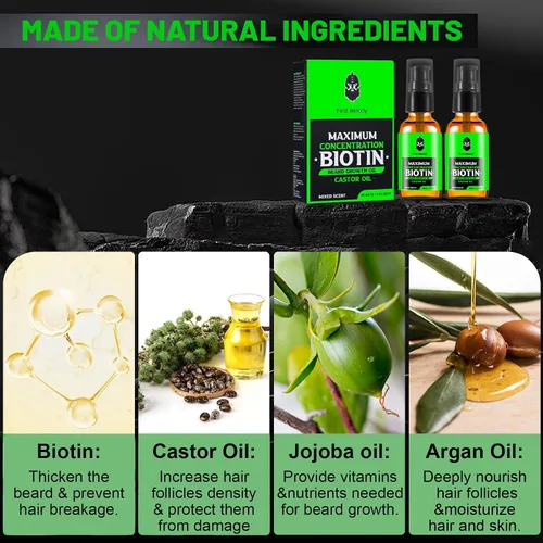 Miniatura 4 de First Melody Aceite para barba, biotina espesante maximun, con aceite de ricino y aceites de argán y jojoba, promueve el crecimiento de la barba