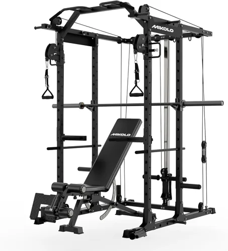 Miniatura 10 de Mikolo Jaula de Potencia, Rack de Potencia con Sistema de Cruce de Cables, 1500LBS Rack para Sentadillas con Sistema de Jalón LAT, Jaula de Rojo
