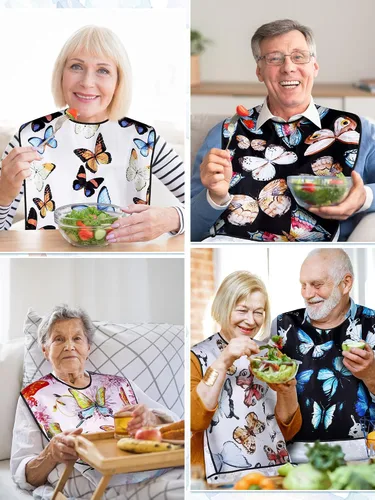 Miniatura 8 de Eurzom Paquete de 6 baberos para adultos para mujeres y hombres mayores, baberos reutilizables para adultos para comer con recogedor de migas